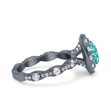 Oval Art Deco Halo Wedding Bridal Ring Black Tone, Simulated Paraiba Tourmaline CZ 925 Sterling Silver